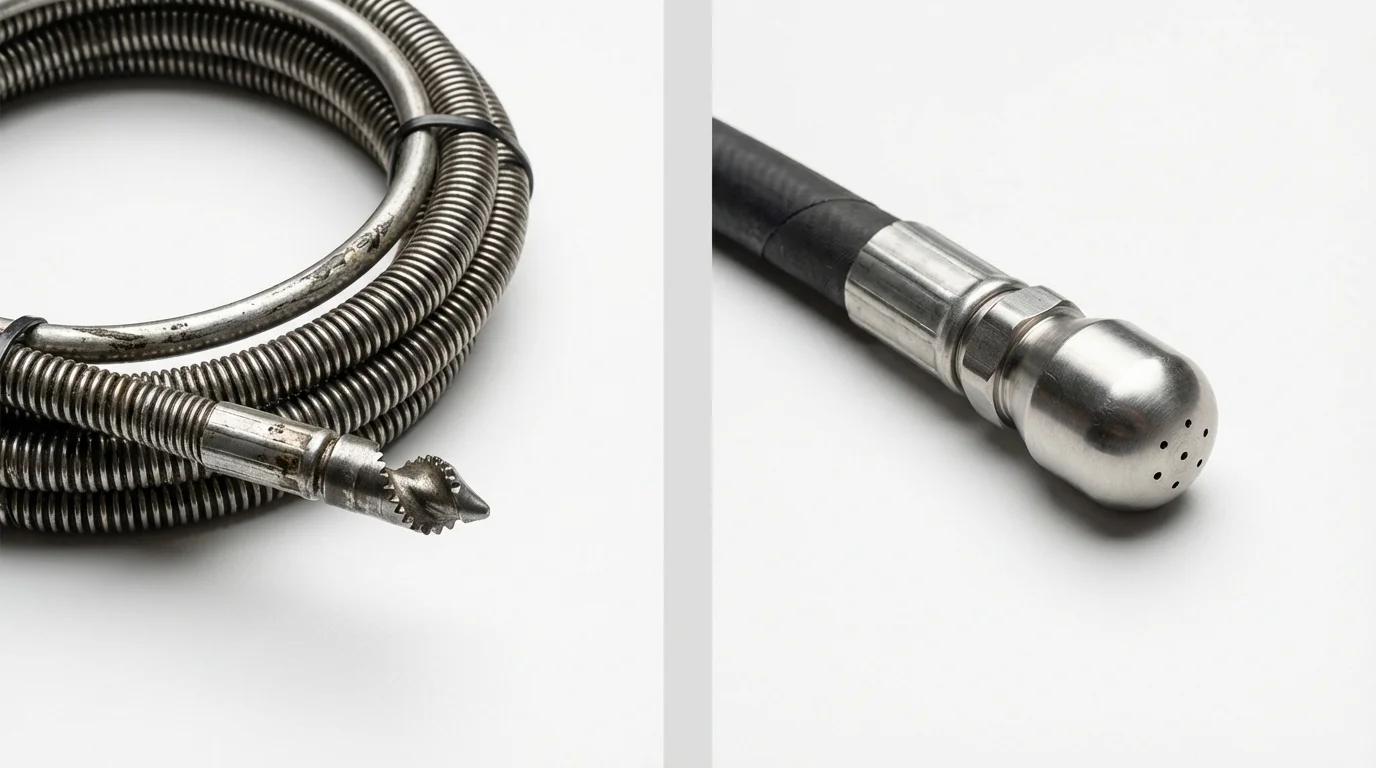 Drain snake cable and hydro jetting nozzle used for drain cleaning in Cambridge, WI