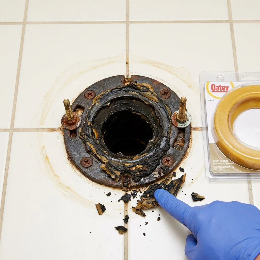 Failed wax ring showing water seepage at the base of a toilet in a Cambridge, WI home