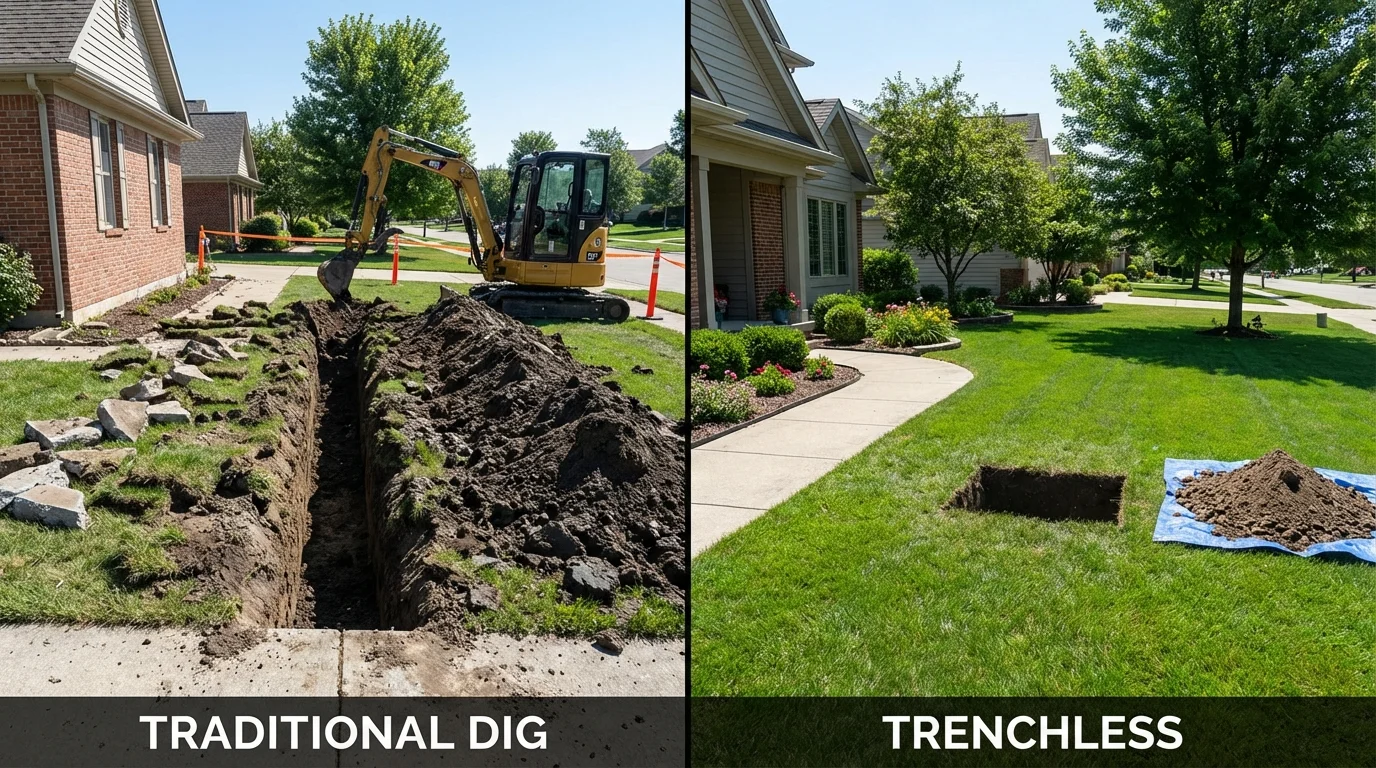 Trenchless sewer repair with minimal yard damage versus traditional excavation in Cambridge, WI