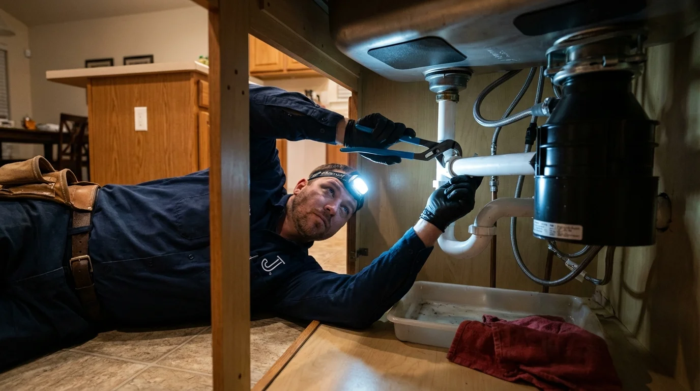P-trap and supply line connections under a kitchen sink showing a common leak point in Cambridge, WI